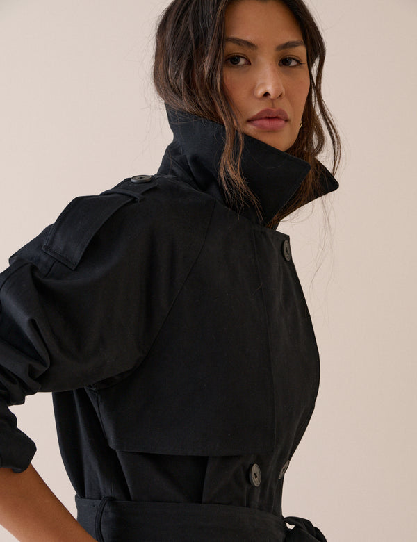Black Double-Breasted Relaxed Fit Trench Coat