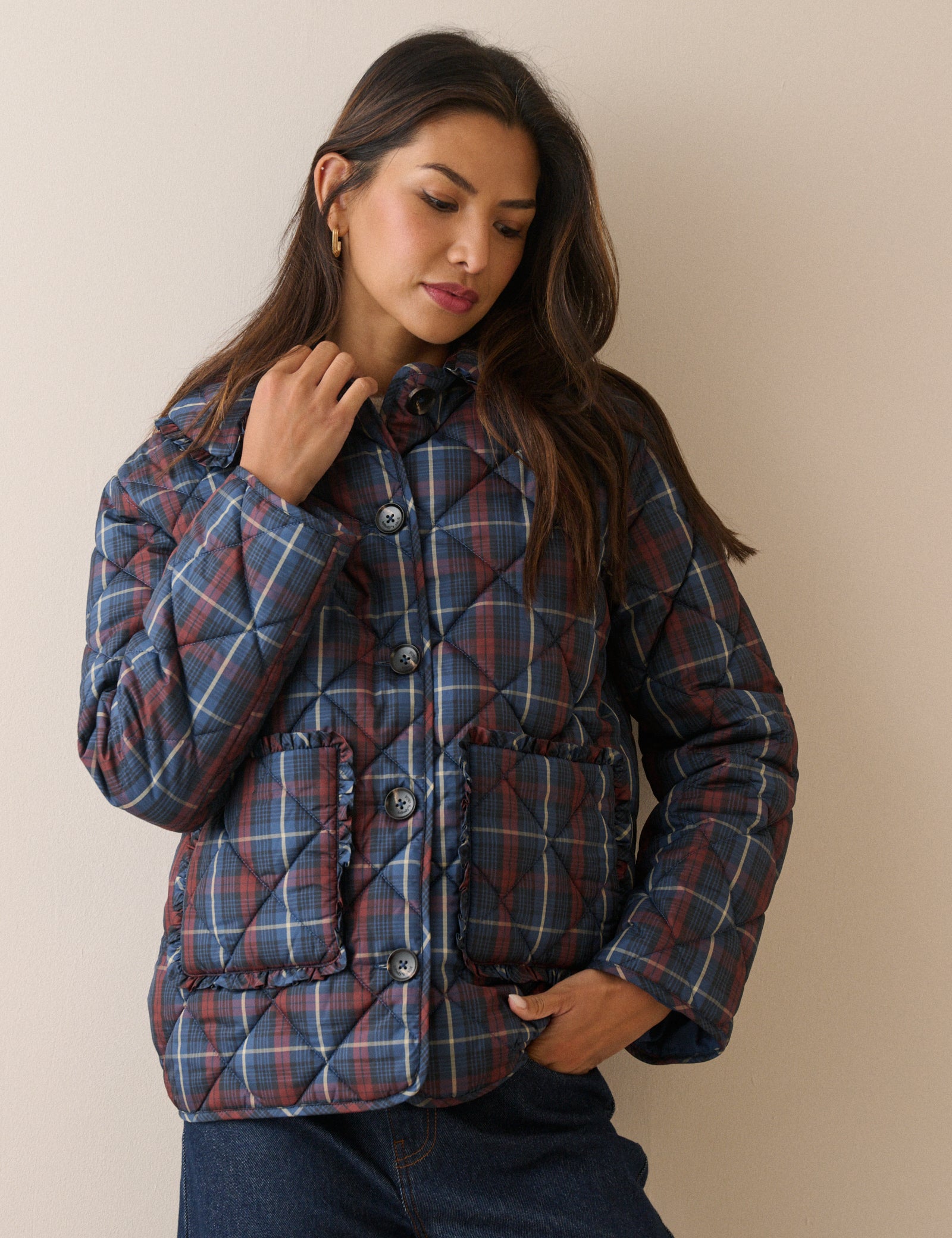 Red and Blue Tartan Quilted Coat
