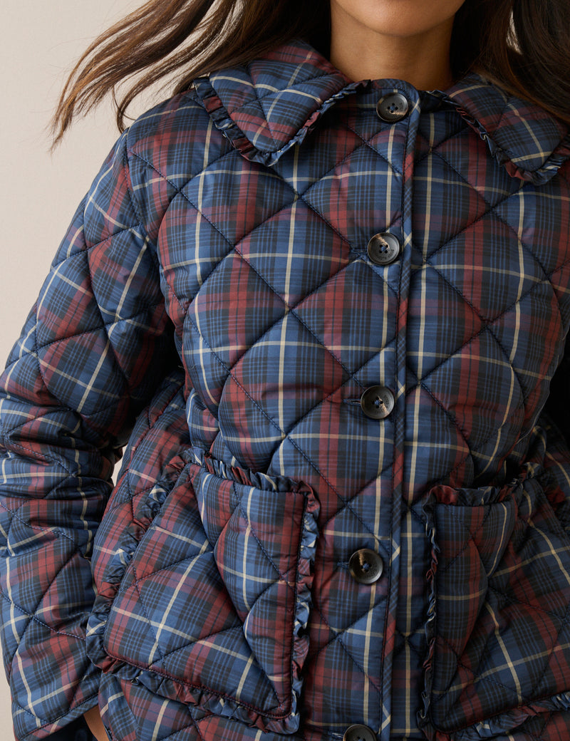 Red and Blue Tartan Quilted Coat