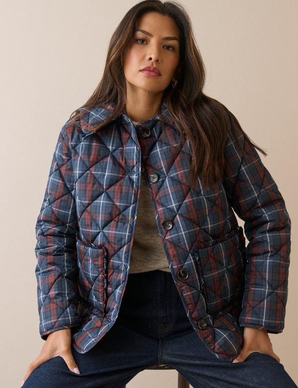 Red and Blue Tartan Quilted Coat