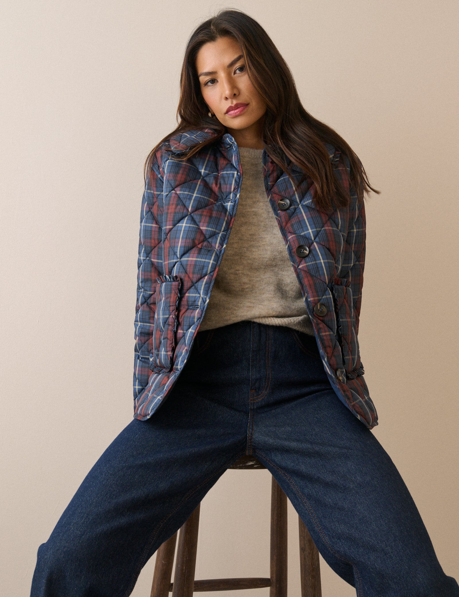 Red and Blue Tartan Quilted Coat