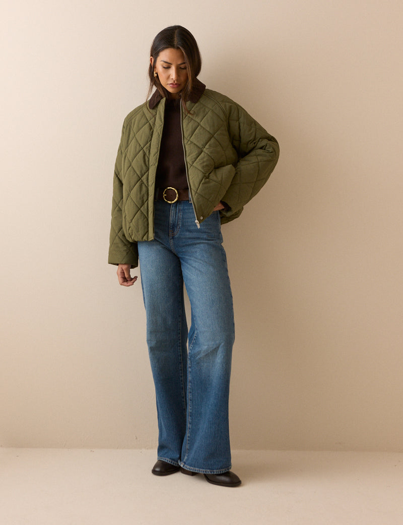 Khaki Quilted Bomber Jacket
