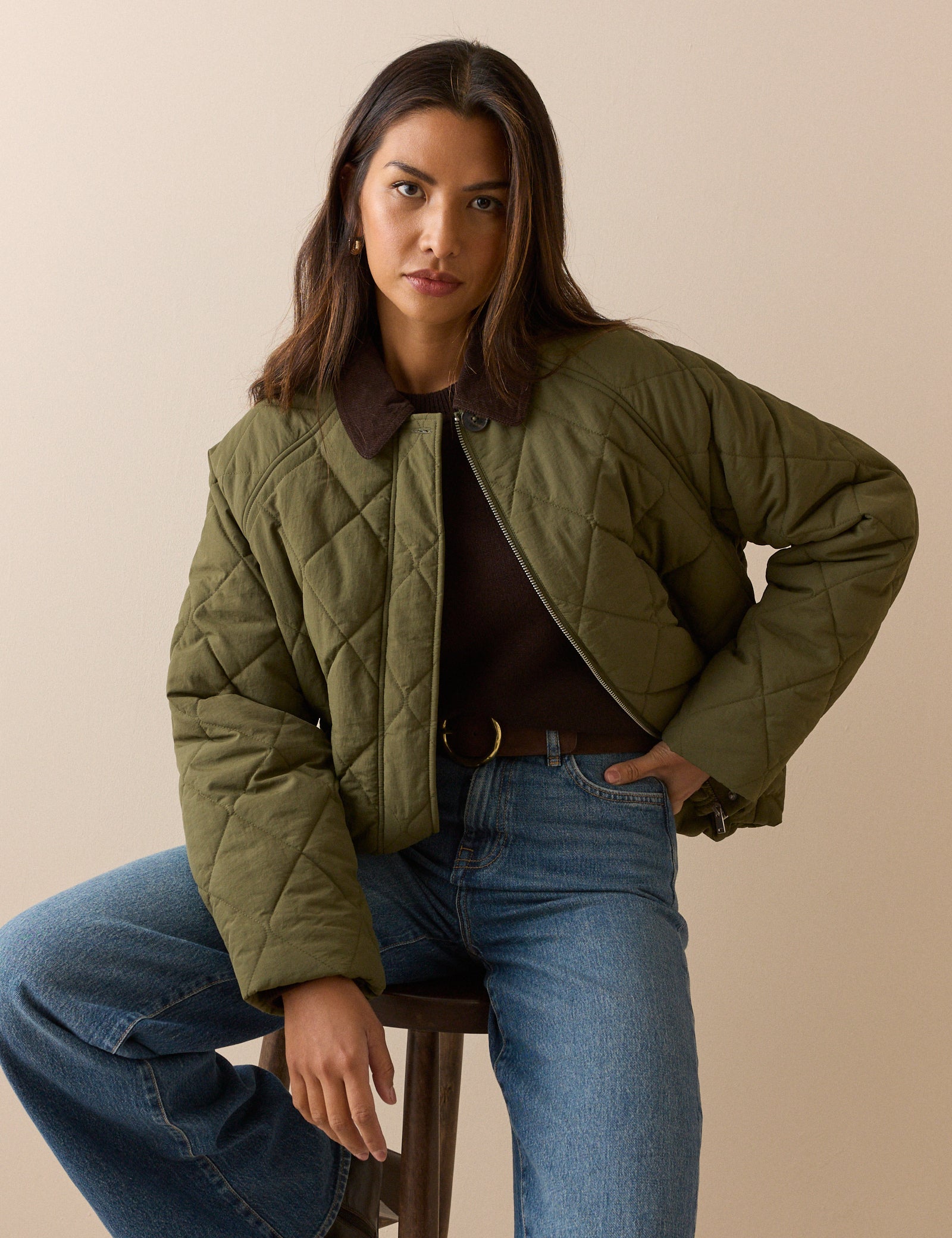 Khaki Quilted Bomber Jacket