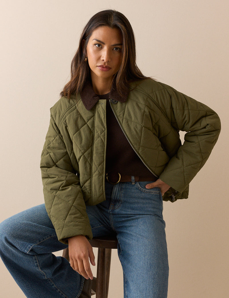 Khaki Quilted Bomber Jacket