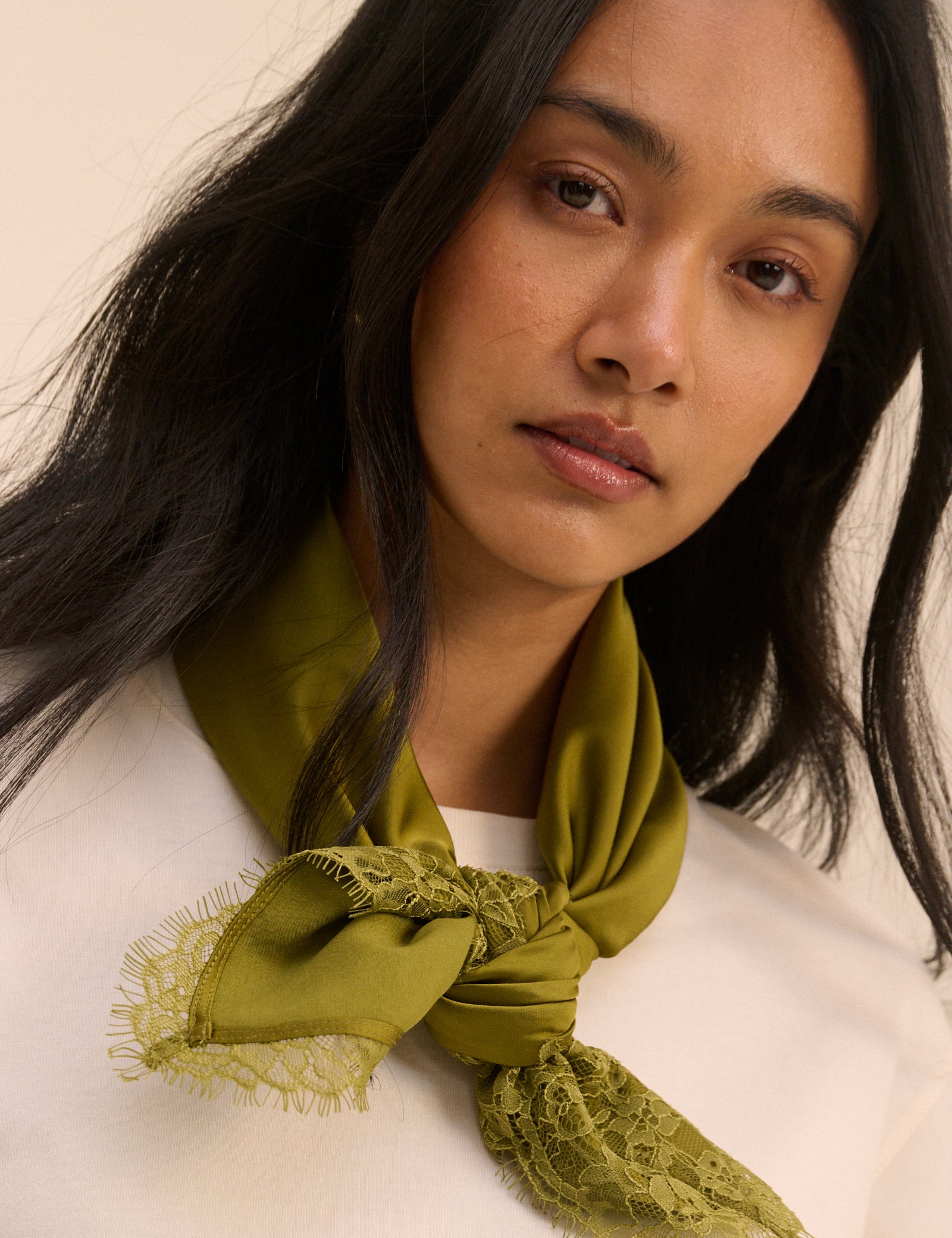 Olive Green Lace Trim Square Scarf