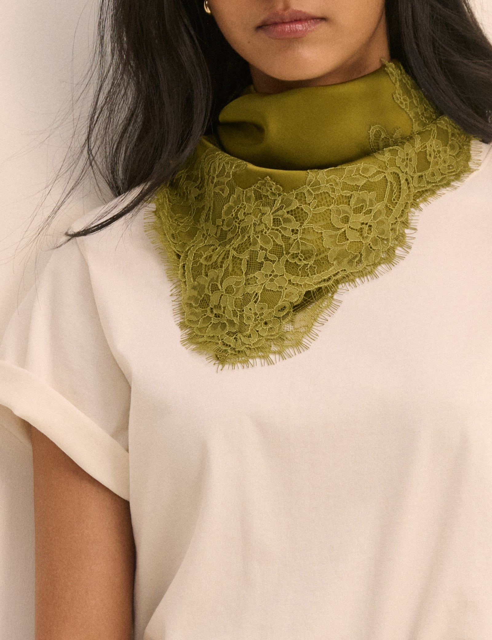 Olive Green Lace Trim Square Scarf