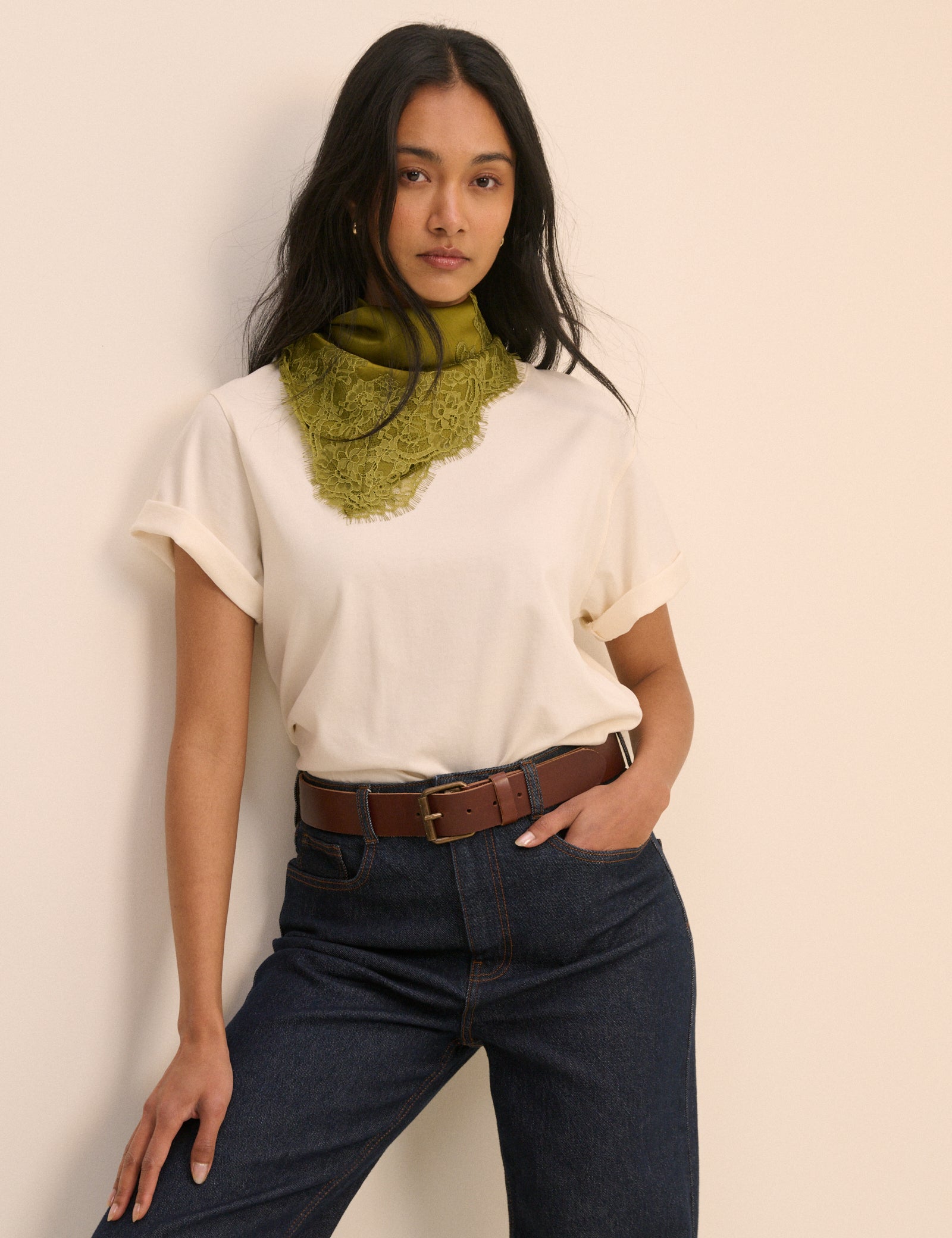 Olive Green Lace Trim Square Scarf