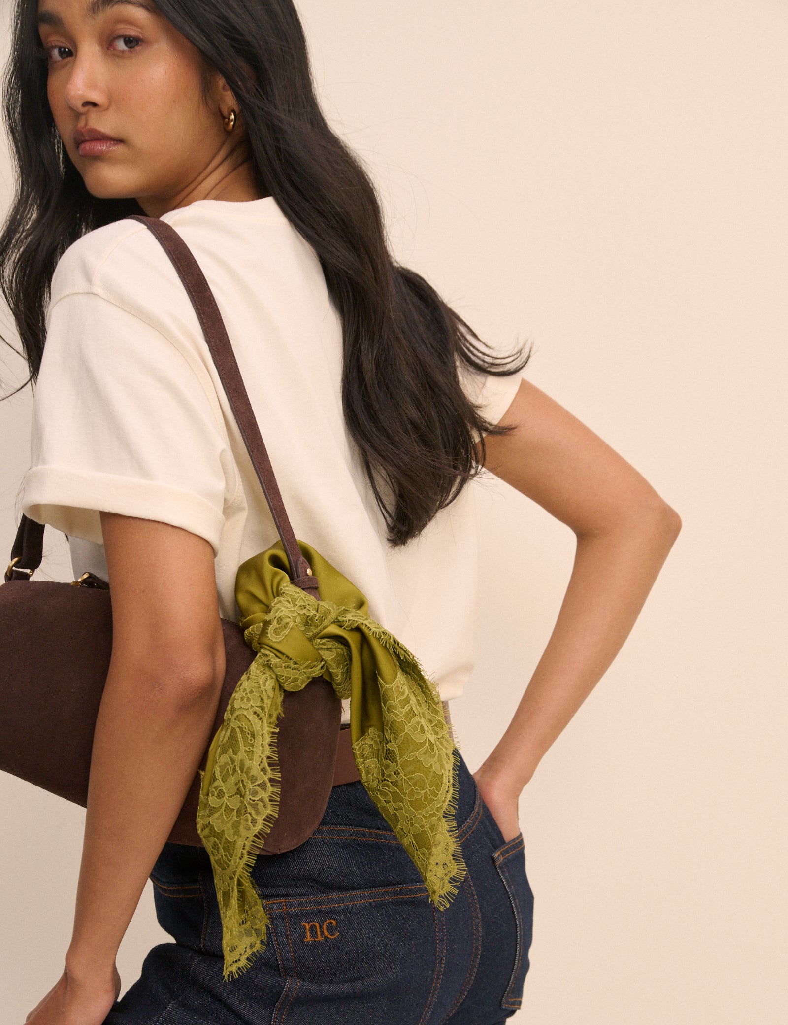 Olive Green Lace Trim Square Scarf