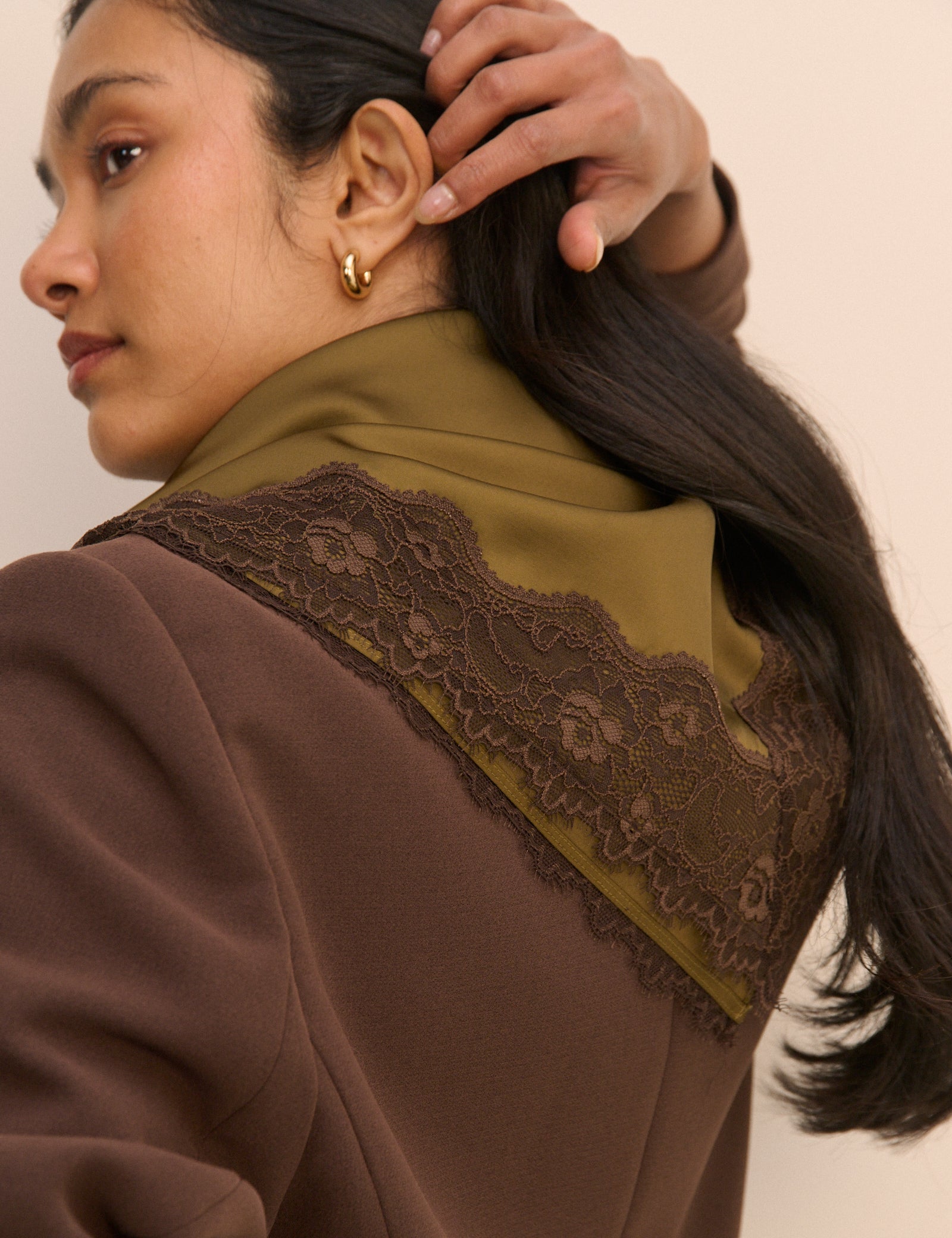 Khaki Green Lace Trim Square Scarf