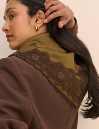 Khaki Green Lace Trim Square Scarf