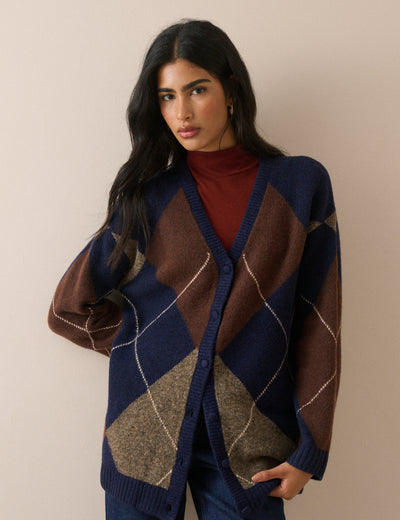 Navy Argyle Long Line Cardigan