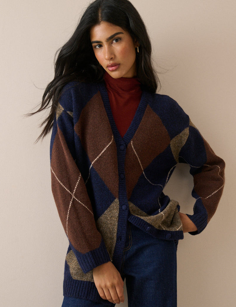 Navy Argyle Long Line Cardigan