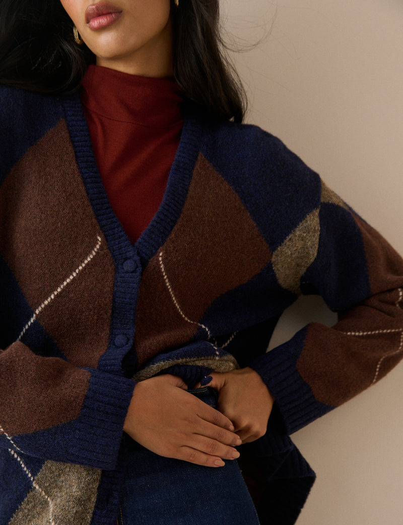 Navy Argyle Long Line Cardigan