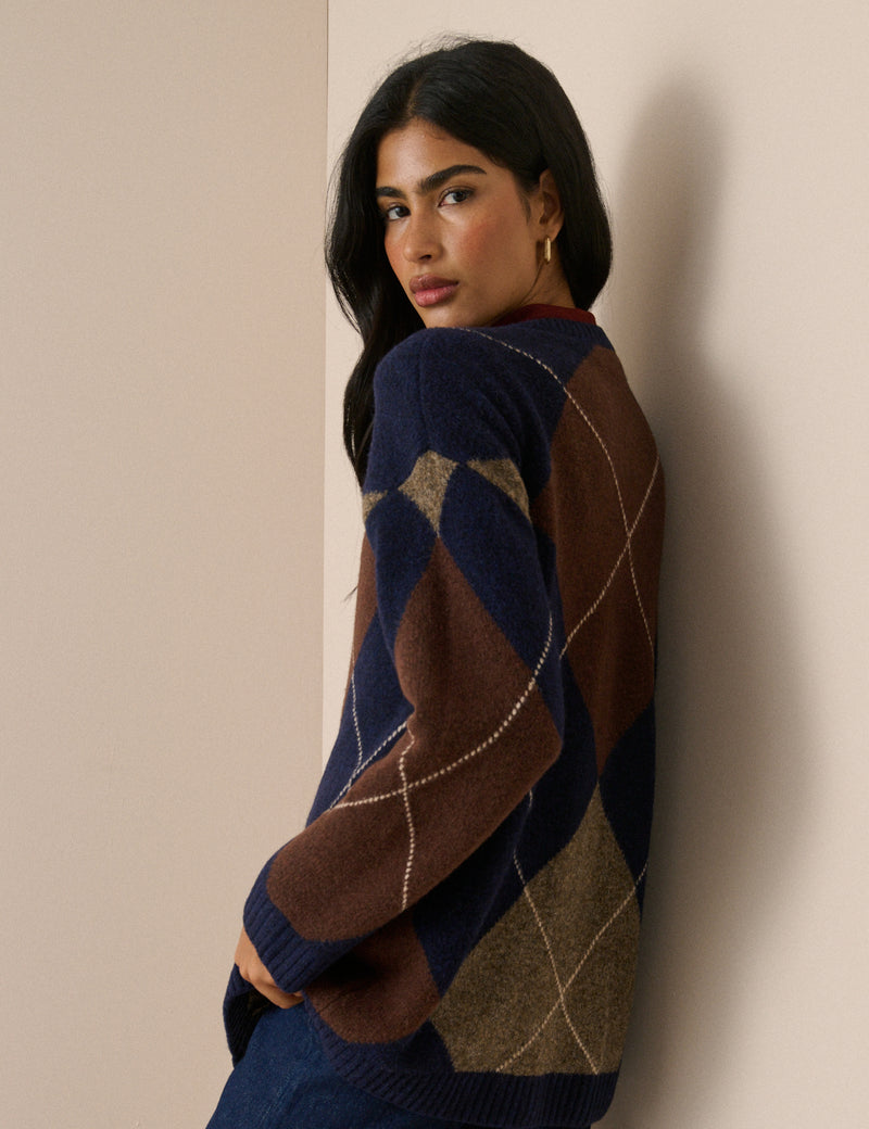 Navy Argyle Long Line Cardigan