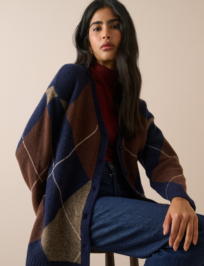 Navy Argyle Long Line Cardigan
