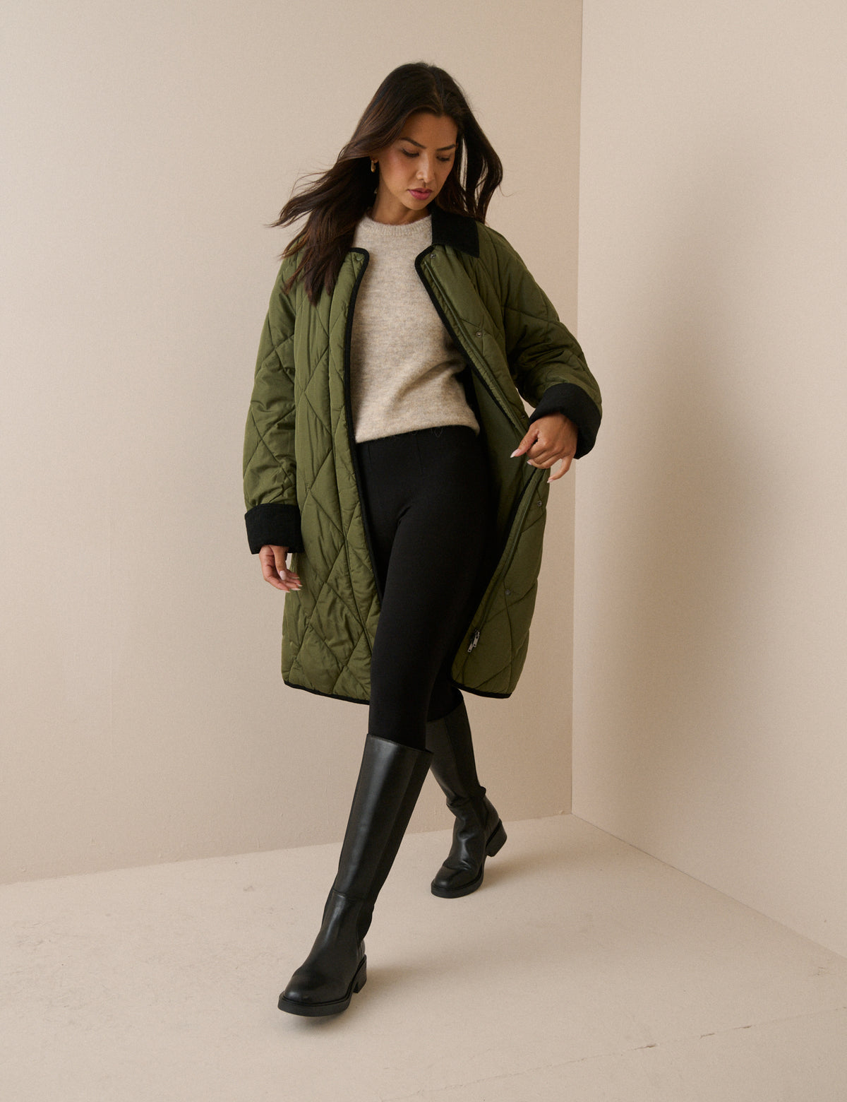 Khaki Contrast Collar Quilted Coat