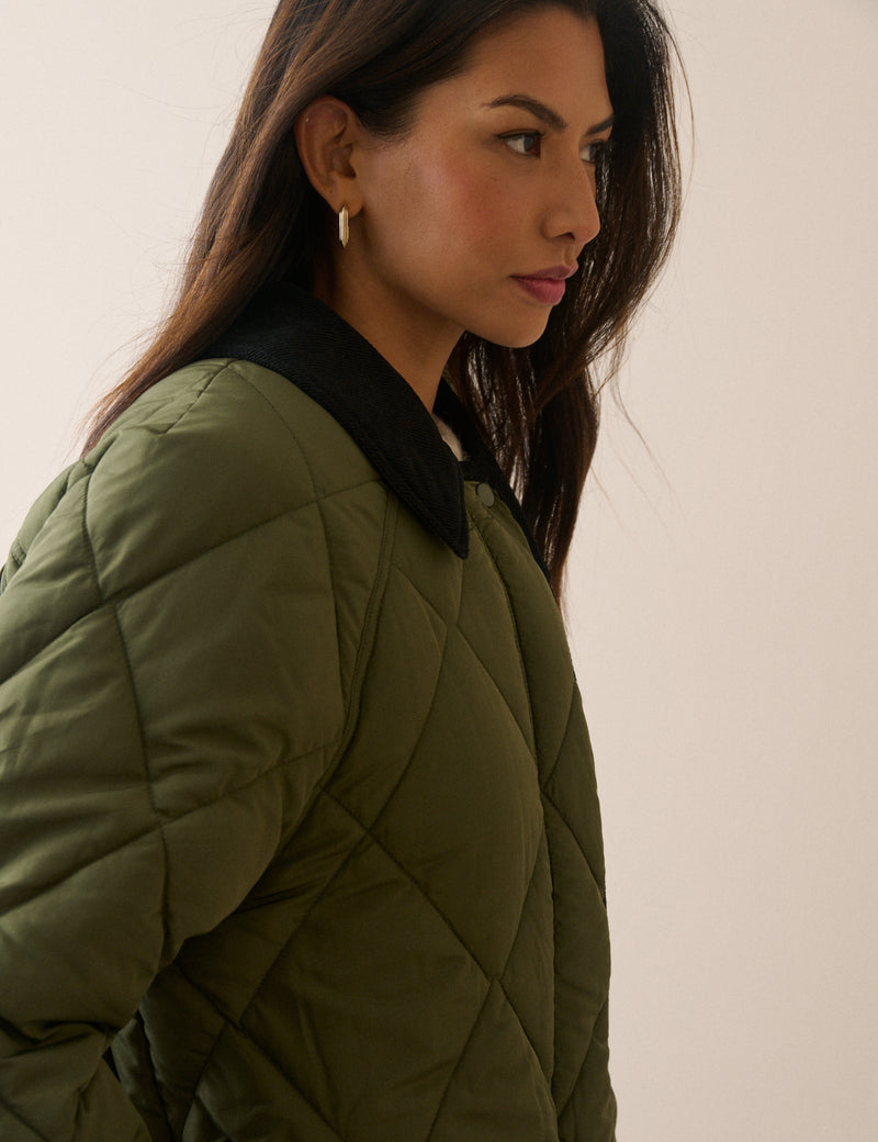 Khaki Contrast Collar Quilted Coat