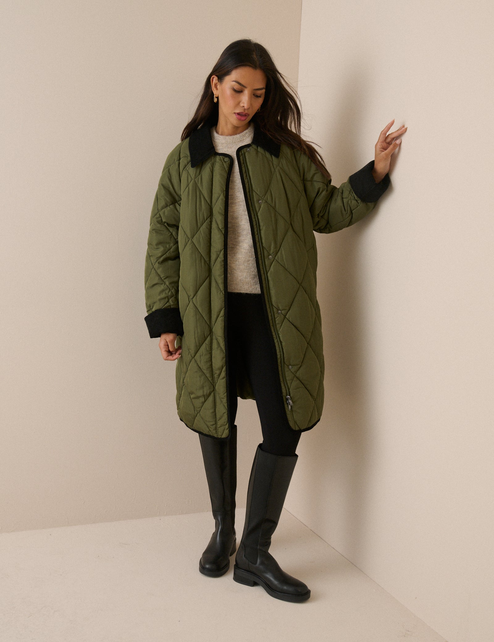 Khaki Contrast Collar Quilted Coat