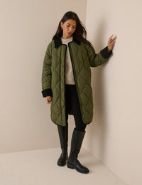 Khaki Contrast Collar Quilted Coat