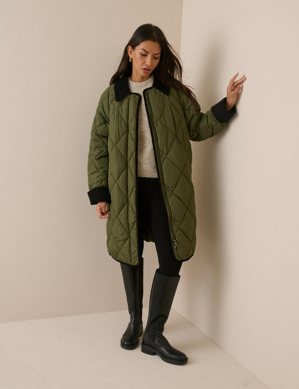 Khaki Contrast Collar Quilted Coat