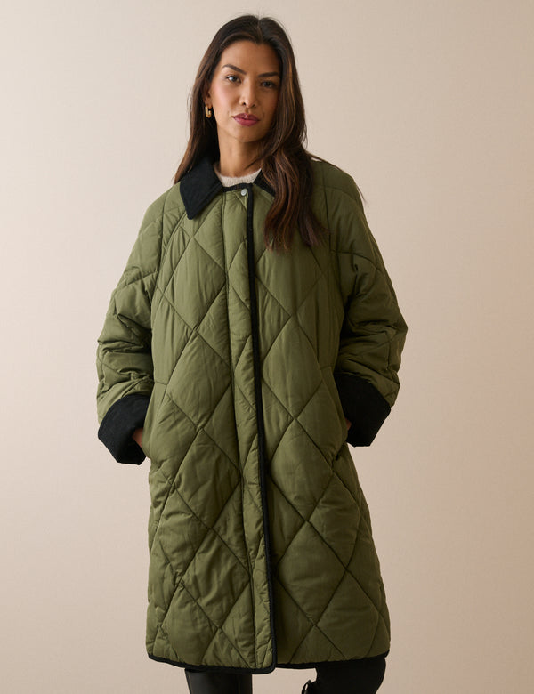Khaki Contrast Collar Quilted Coat