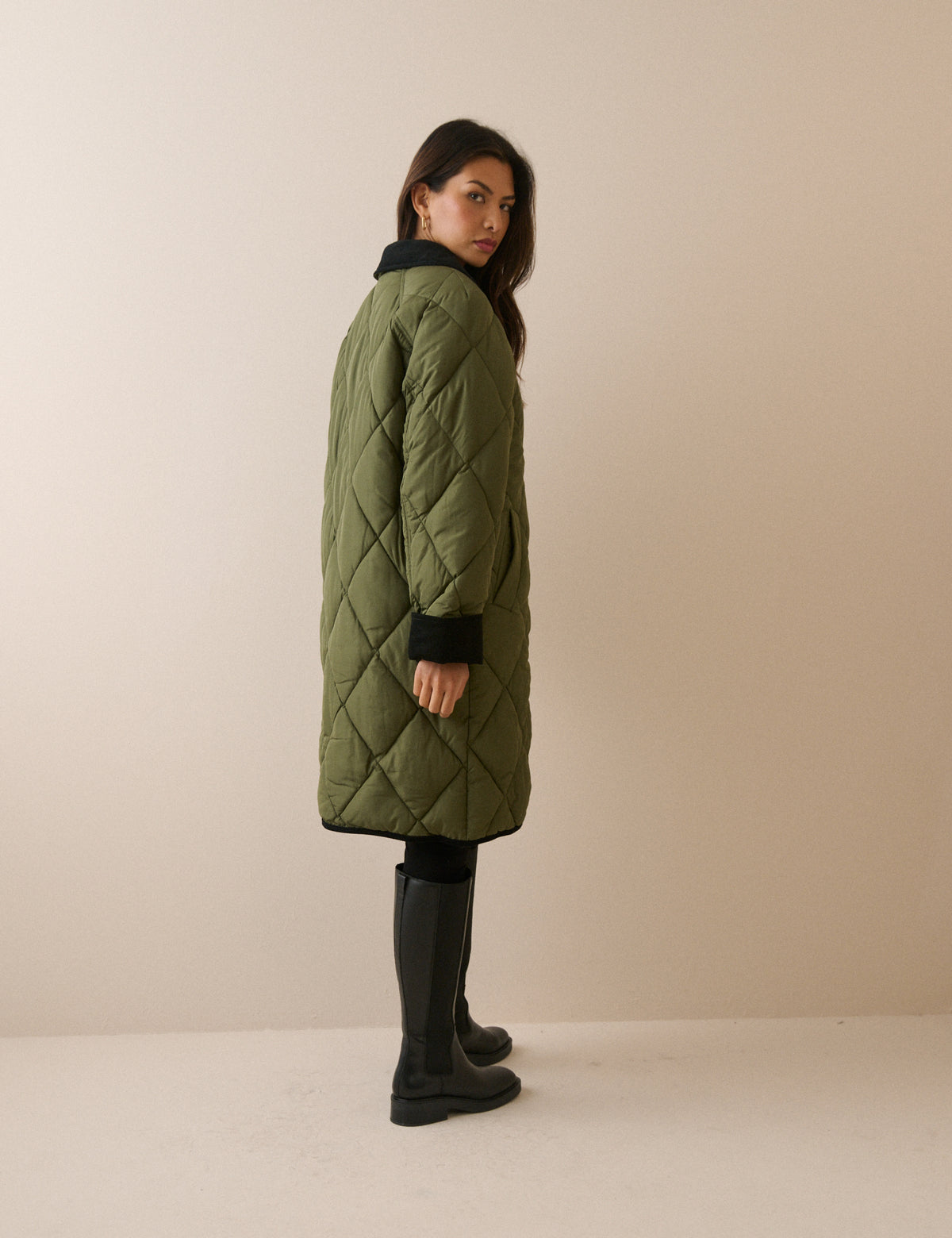 Khaki Contrast Collar Quilted Coat