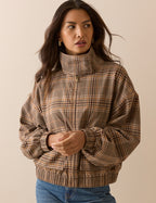 Brown Check Funnel Neck Jacket