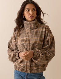 Brown Check Funnel Neck Jacket