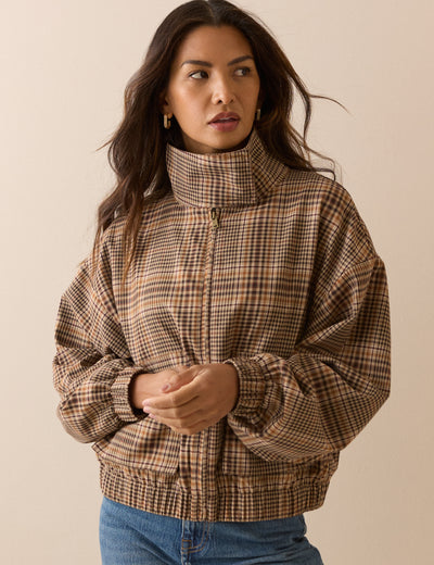 Brown Check Funnel Neck Jacket