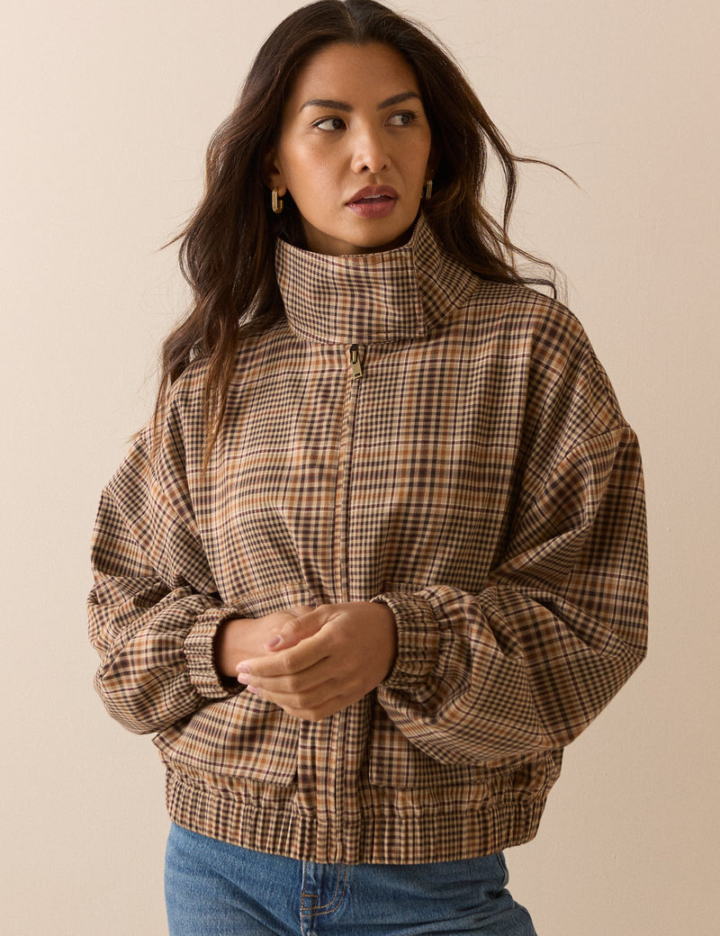 Brown Check Funnel Neck Jacket