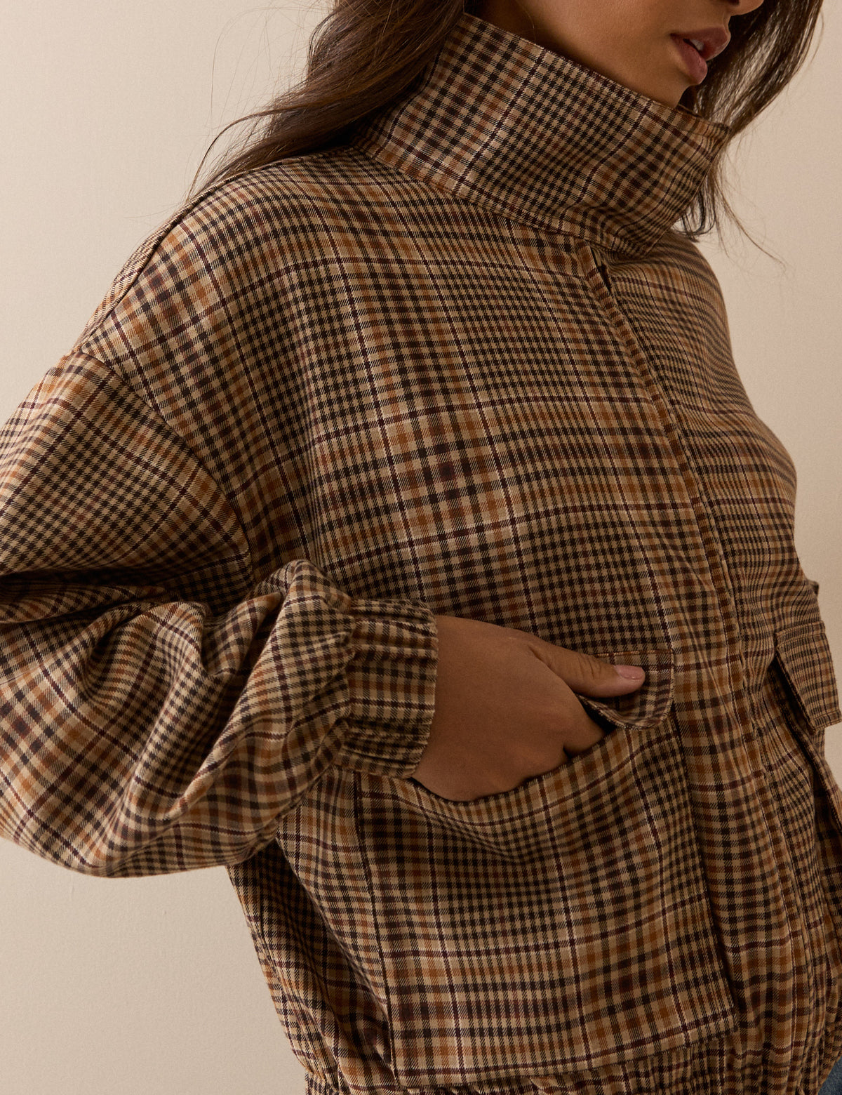 Brown Check Funnel Neck Jacket