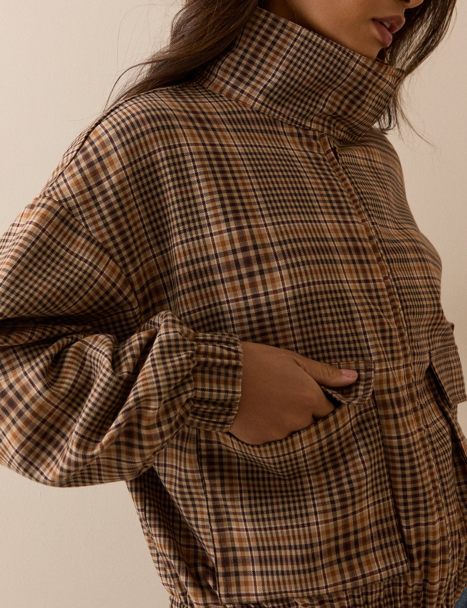 Brown Check Funnel Neck Jacket