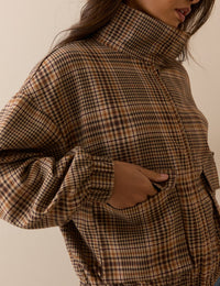 Brown Check Funnel Neck Jacket