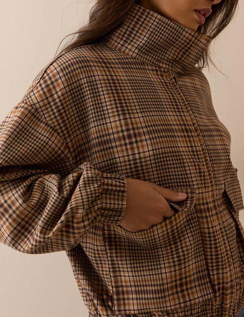 Brown Check Funnel Neck Jacket