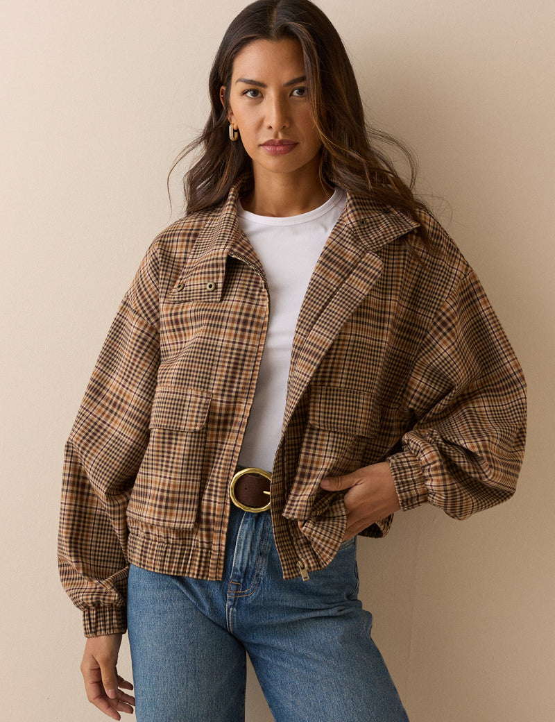 Brown Check Funnel Neck Jacket