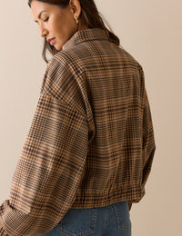 Brown Check Funnel Neck Jacket