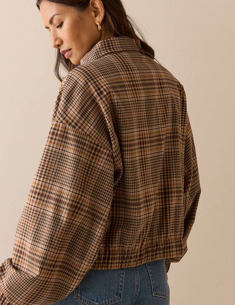 Brown Check Funnel Neck Jacket