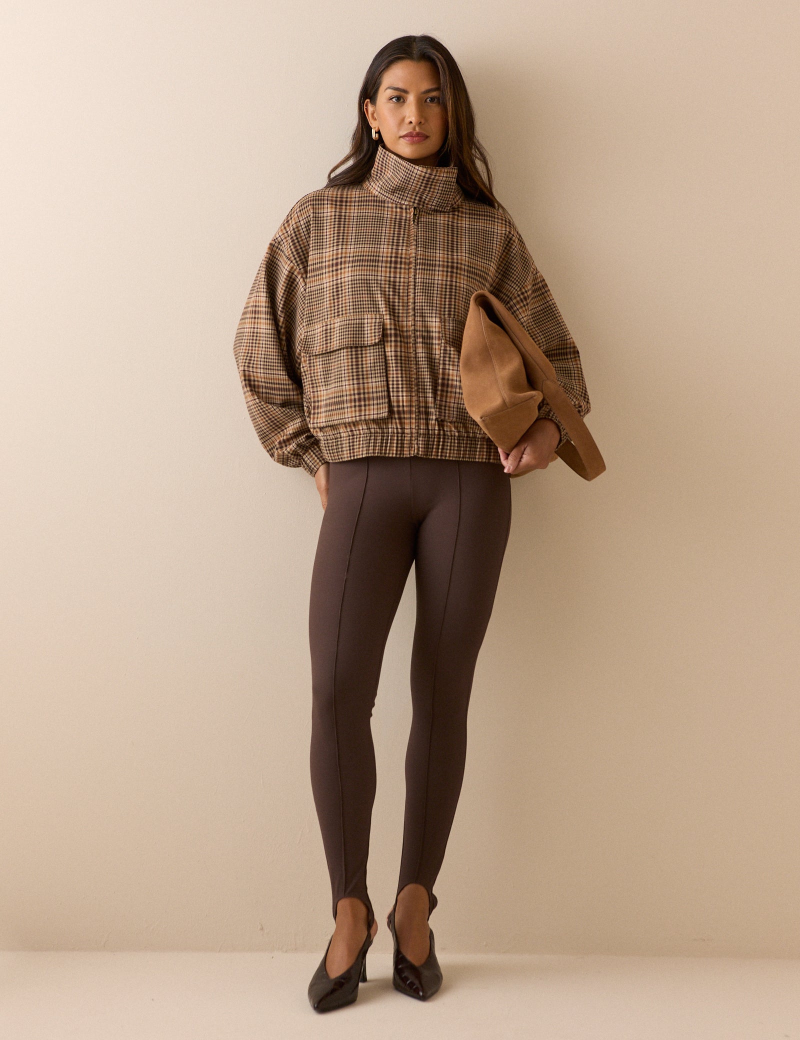 Brown Check Funnel Neck Jacket