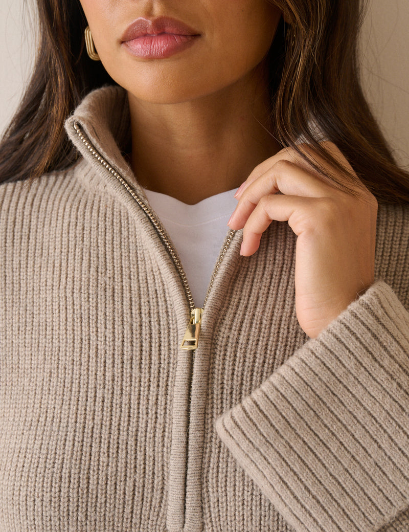 Beige Half Zip Chunky Jumper