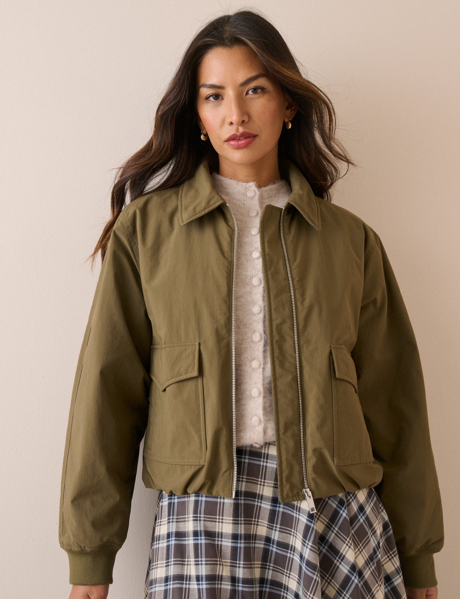 Khaki Collared Bomber Jacket