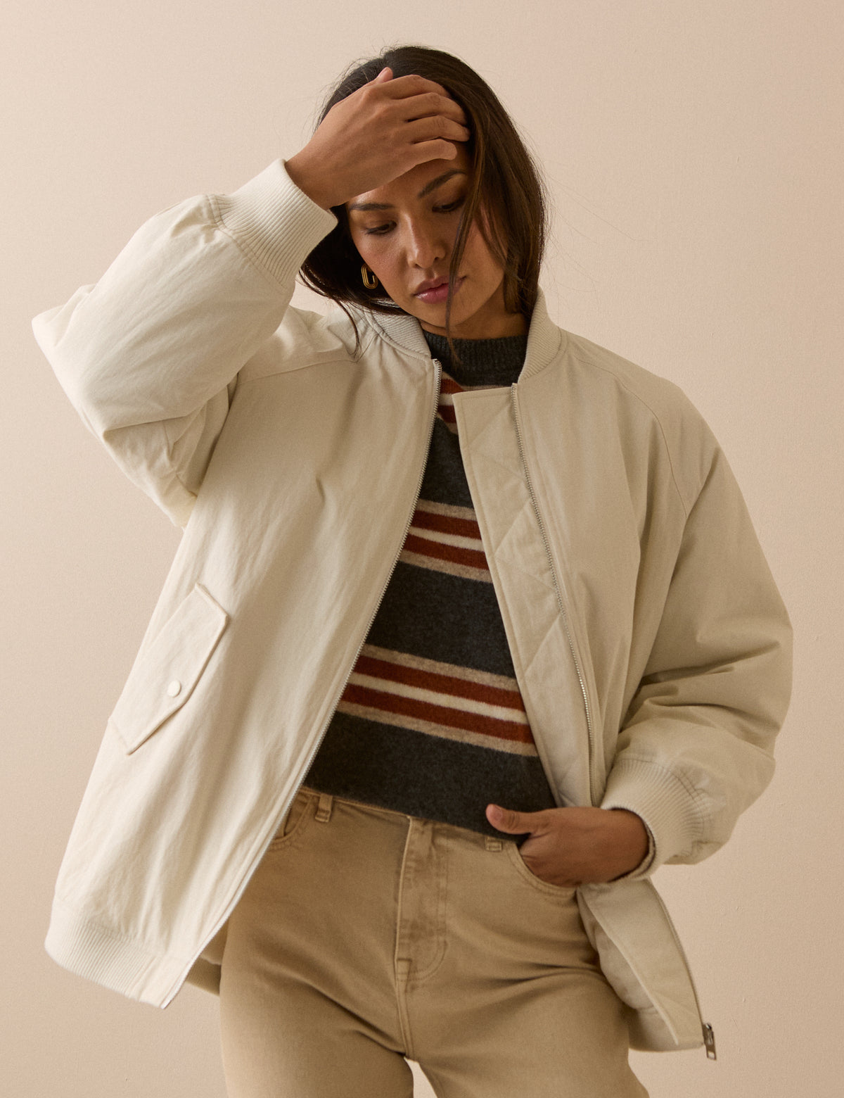 Ivory Longline Oversized Bomber Jacket