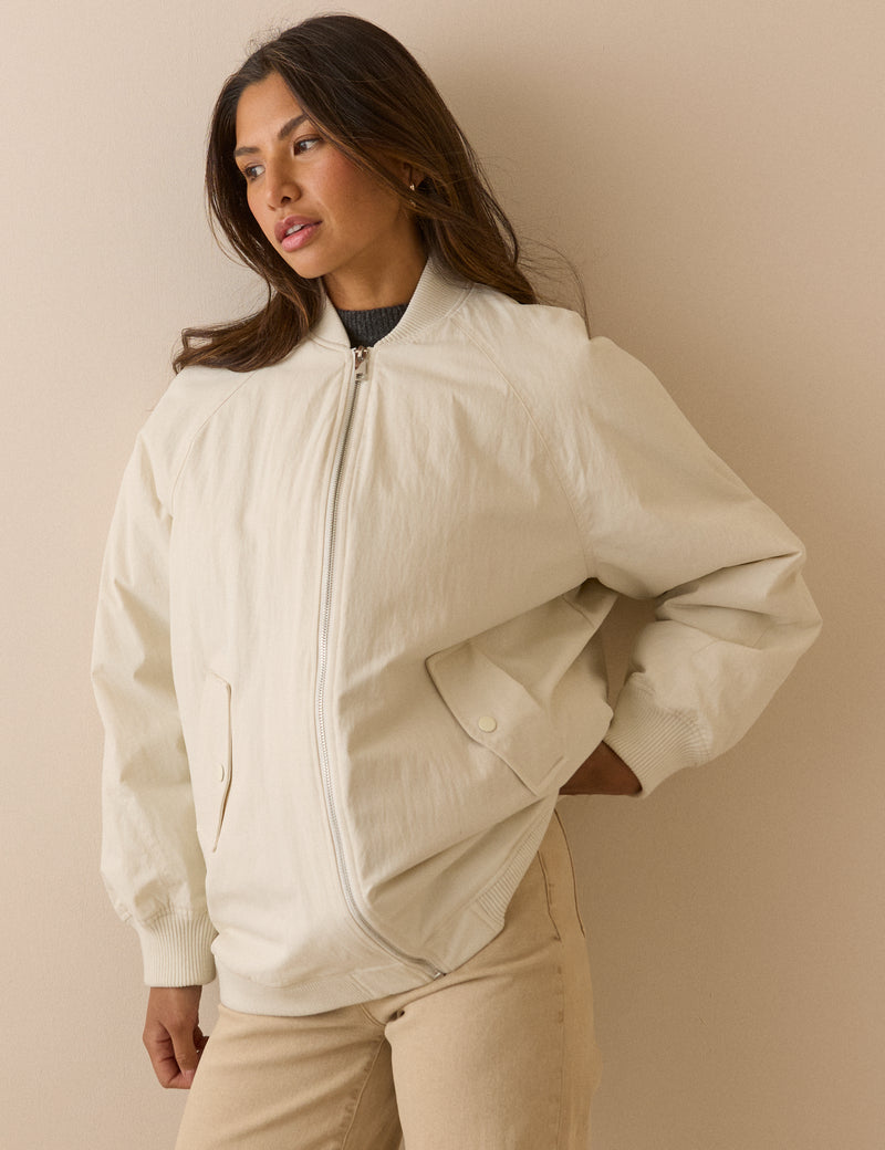 Ivory Longline Oversized Bomber Jacket