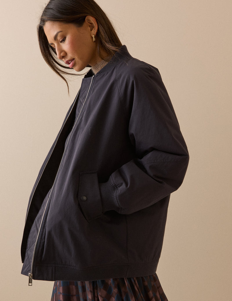 Navy Longline Oversized Bomber Jacket