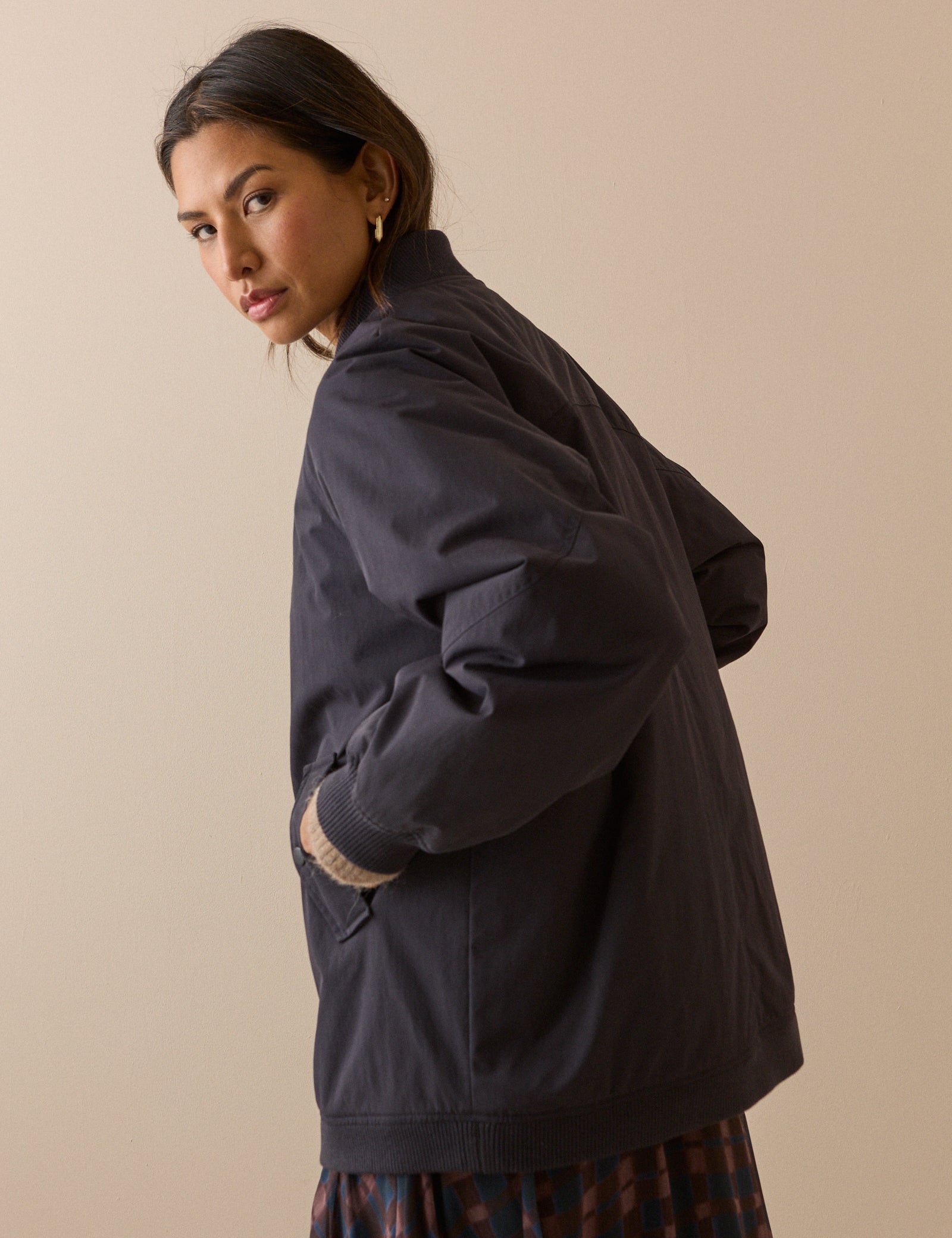 Navy Longline Oversized Bomber Jacket