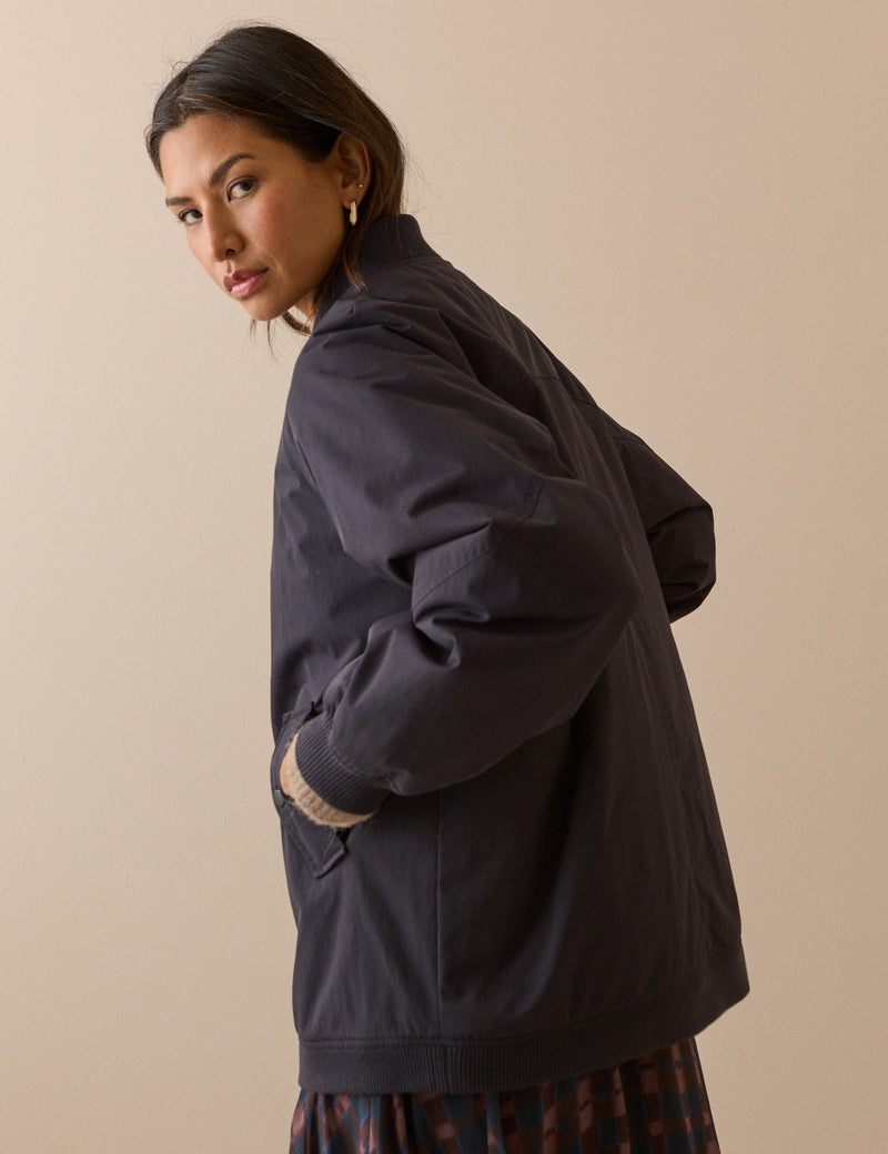 Navy Longline Oversized Bomber Jacket