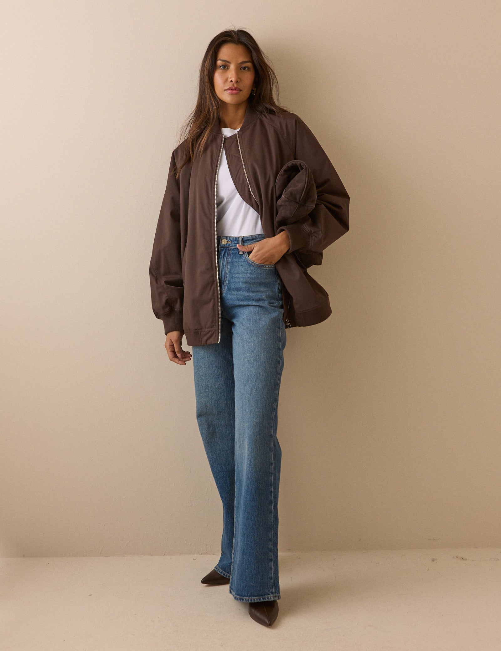 Chocolate Brown Longline Oversized Bomber Jacket
