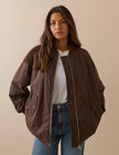 Chocolate Brown Longline Oversized Bomber Jacket