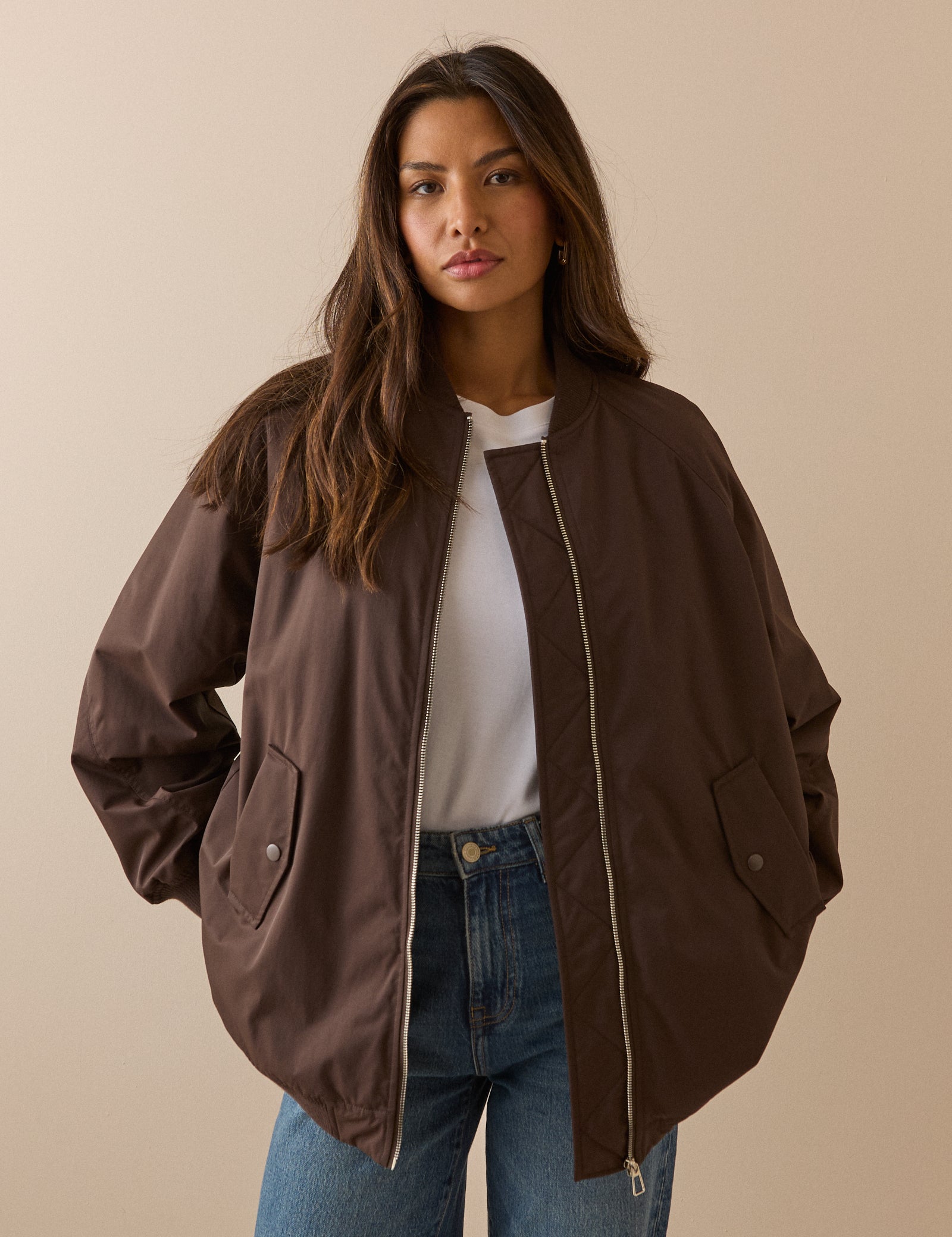 Chocolate Brown Longline Oversized Bomber Jacket