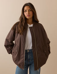 Chocolate Brown Longline Oversized Bomber Jacket