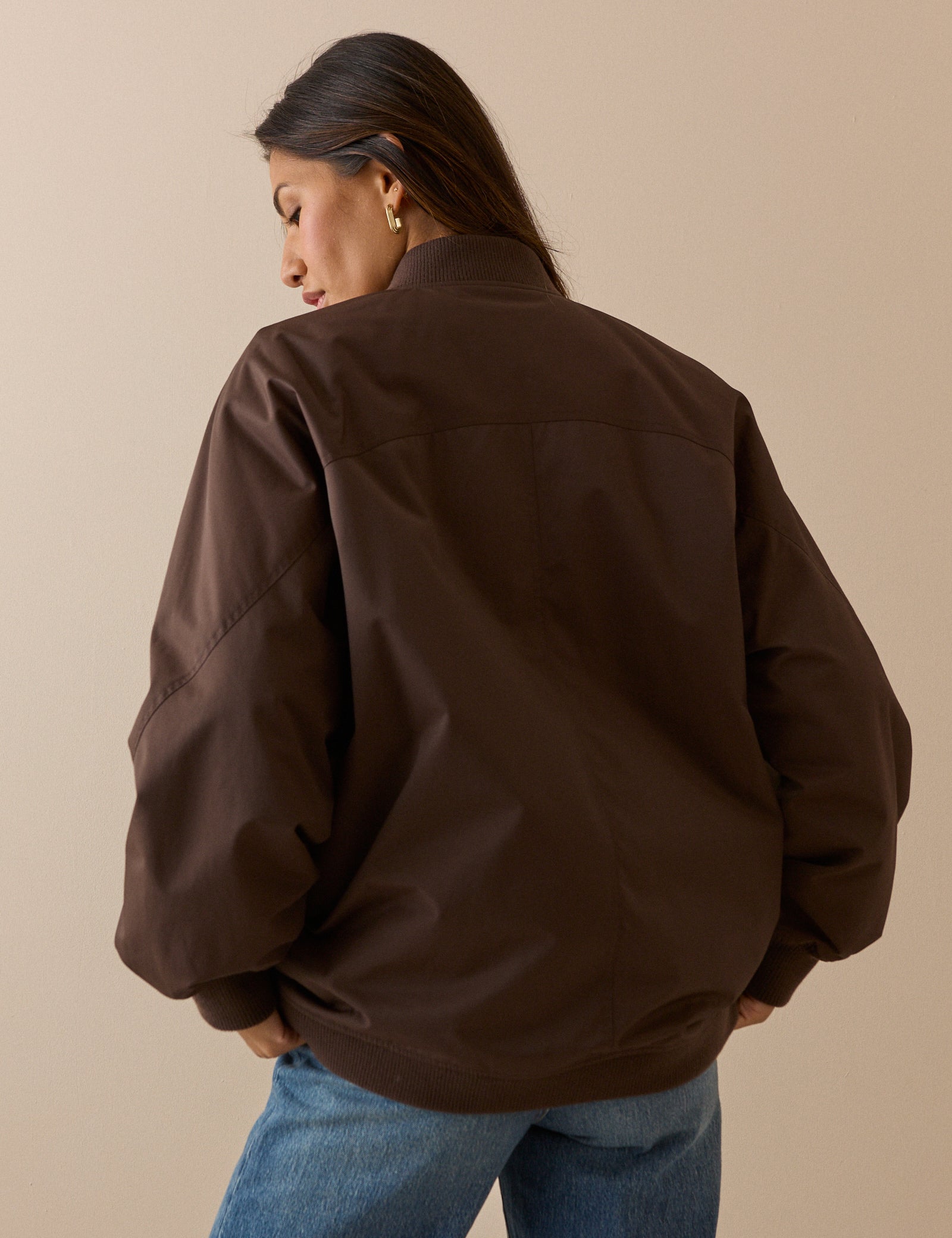 Chocolate Brown Longline Oversized Bomber Jacket